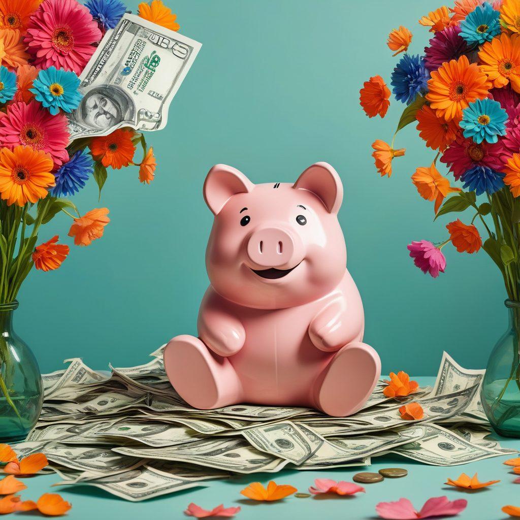 A split image showing one side depicting a person burdened by debt, surrounded by bills and notices, while the other side showcases the same person enjoying financial stability, with a serene expression, a piggy bank, and a thriving garden. Bright and contrasting colors to illustrate the transition from stress to peace. Illustrative style with soft edges. vibrant colors. 3D.