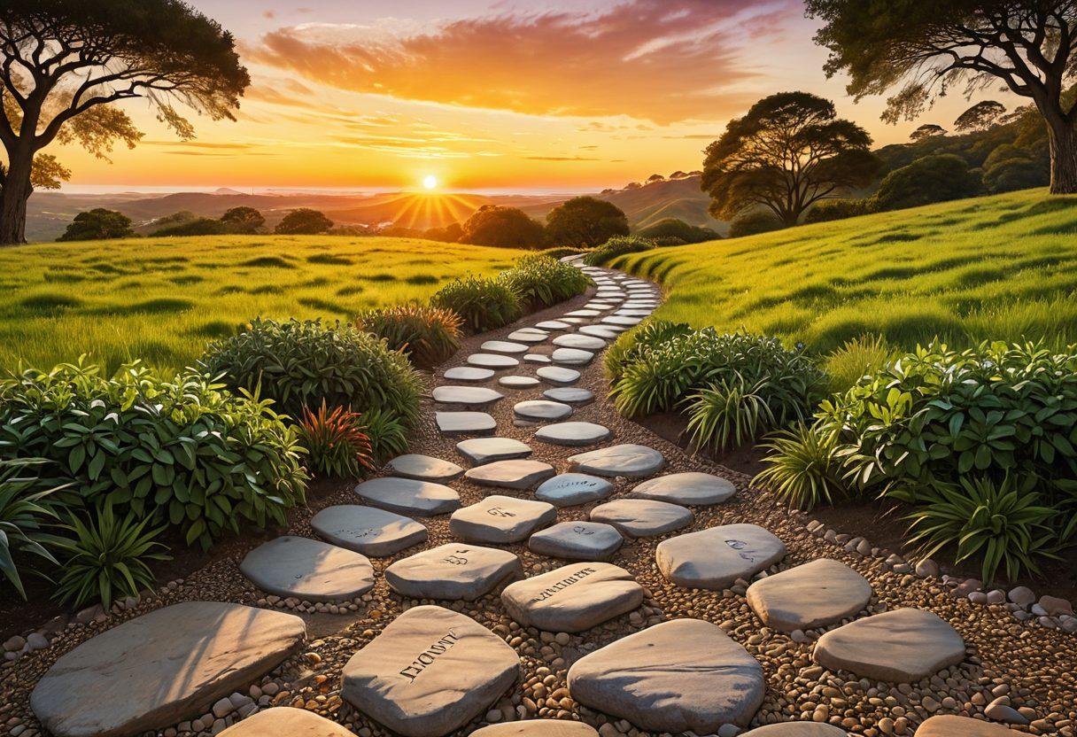 A serene landscape depicting a winding path leading towards a tranquil destination, symbolizing financial mastery. Along the path, there are stepping stones labeled with words like 'budget', 'saving', 'investing', and 'freedom'. In the background, a warm sunset casts a golden glow, representing hope and contentment. The scene should evoke a sense of peace and motivation, illustrating the journey of overcoming financial struggles. super-realistic. vibrant colors. warm tones.