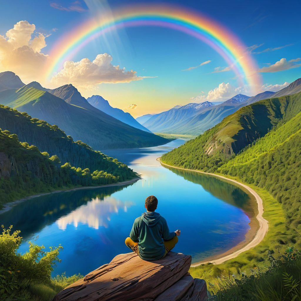 A serene landscape depicting a person sitting on a mountaintop, overlooking a vast valley filled with lush greenery and flowing rivers, symbolizing peace and financial freedom. The person is holding a glowing, golden coin, representing wealth and contentment, while above them, a rainbow arches across a clear blue sky, signifying joy and happiness. Gentle sunlight casts a warm glow on the scene, enhancing the feeling of optimism. super-realistic. vibrant colors. peaceful atmosphere.